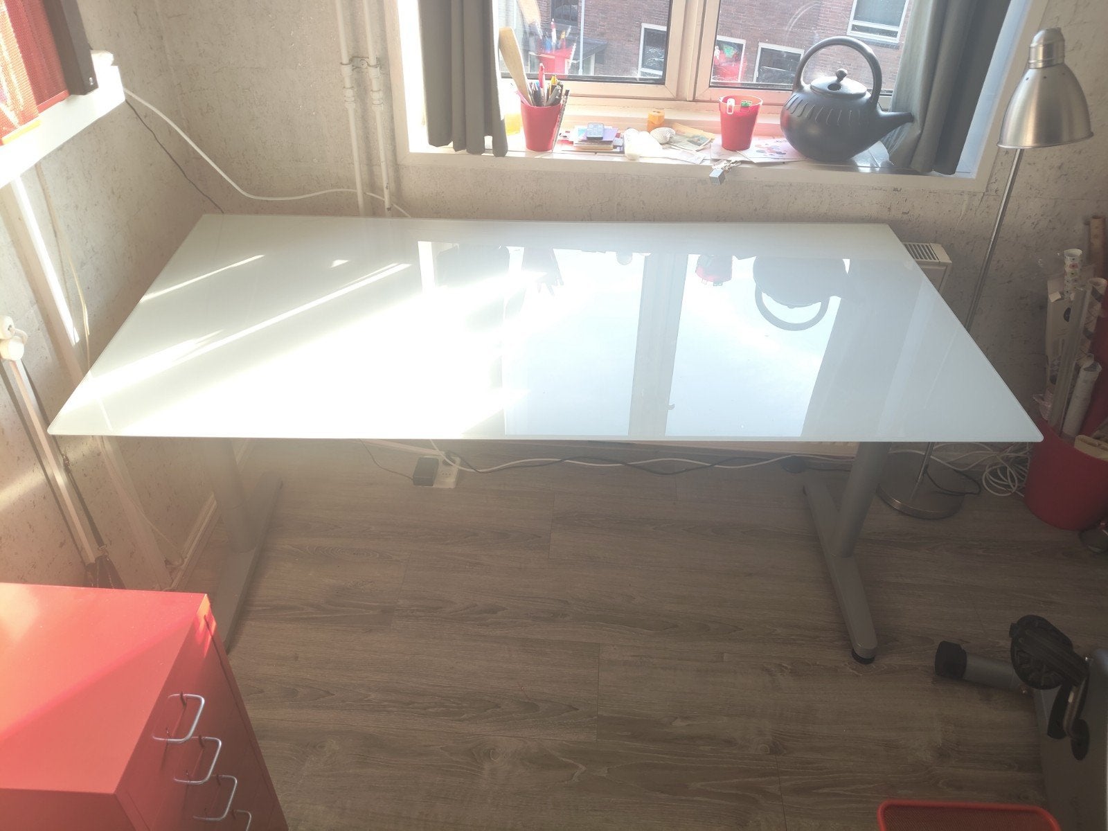 Ikea galant buro mat glas, Huis en Inrichting, Ophalen, 160 cm, Gebruikt, In hoogte verstelbaar