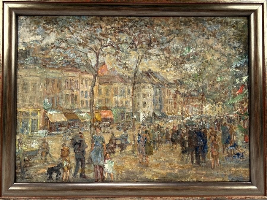 709. Olieverfschilderij – stadsgezicht, ca. 1950, Antiek en Kunst, Ophalen