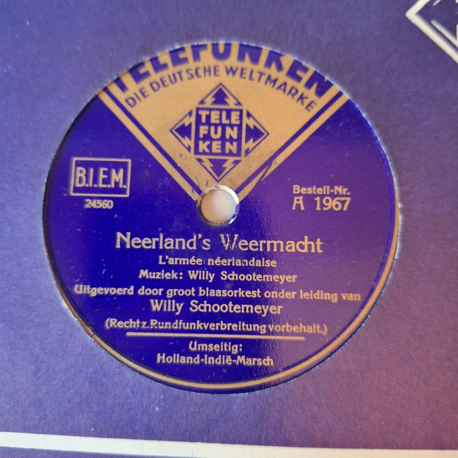 Neerlands Weermacht marsmuziek 78 toeren plaat mobilisatie, Verzamelen, Ophalen of Verzenden, Landmacht, Nederland