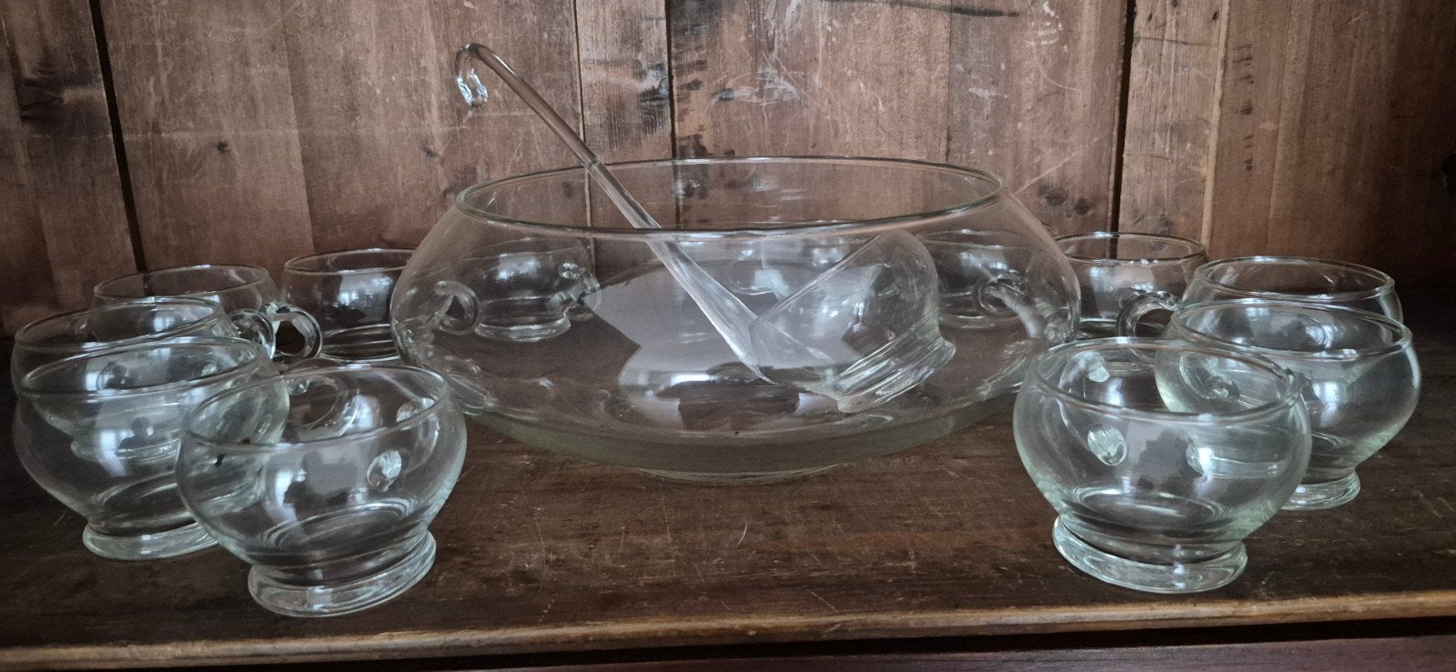 Vintage Glazen Punch Set met 12 Kopjes en Pollepel, Antiek en Kunst, Ophalen of Verzenden