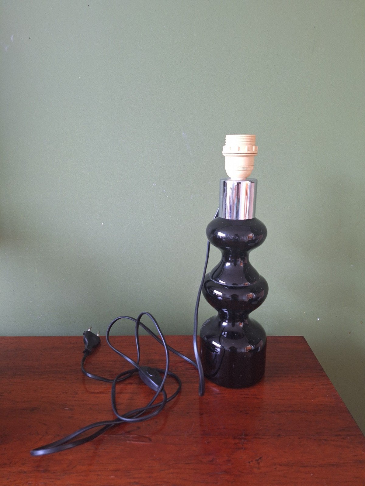 Vintage Space Age Tafellamp Zwart Glas & Chroom Jaren 70, Huis en Inrichting, Ophalen, Gebruikt, Vintage, E27 (groot)