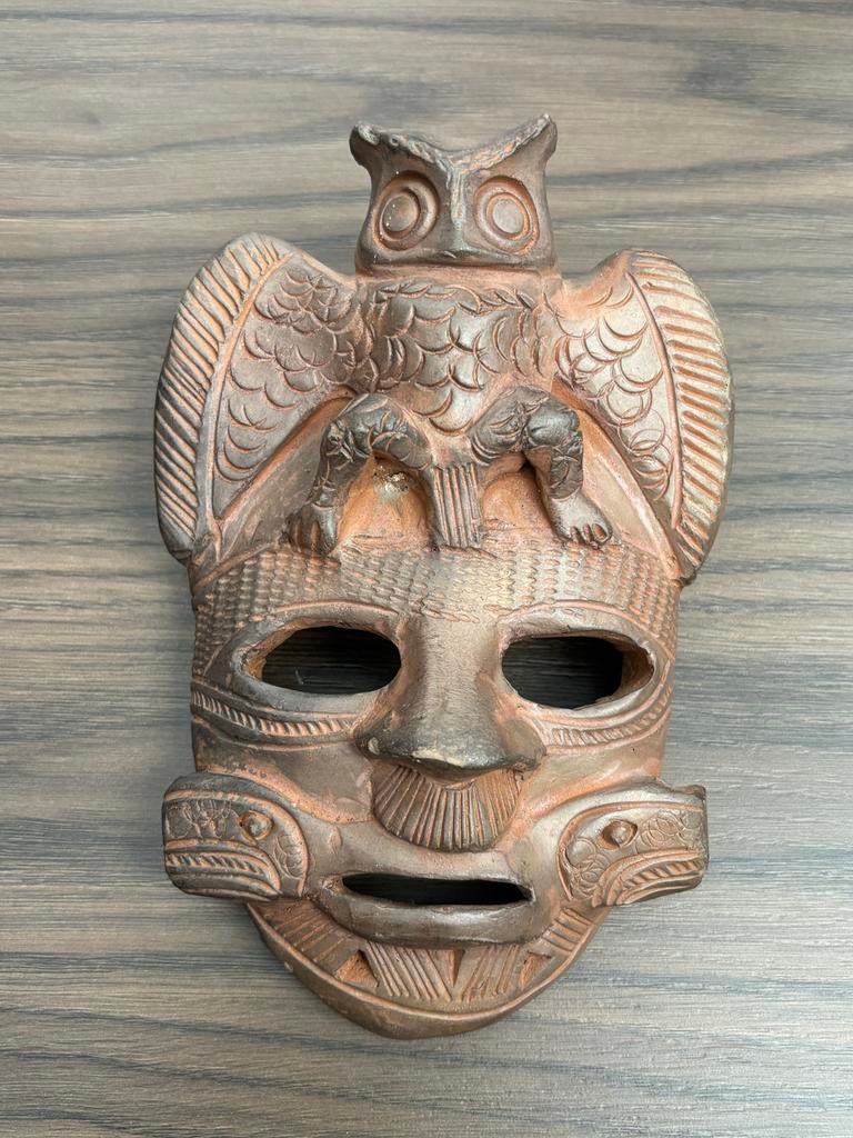 Pre Colombiaanse stijl terracotta masker met uil, Ophalen of Verzenden