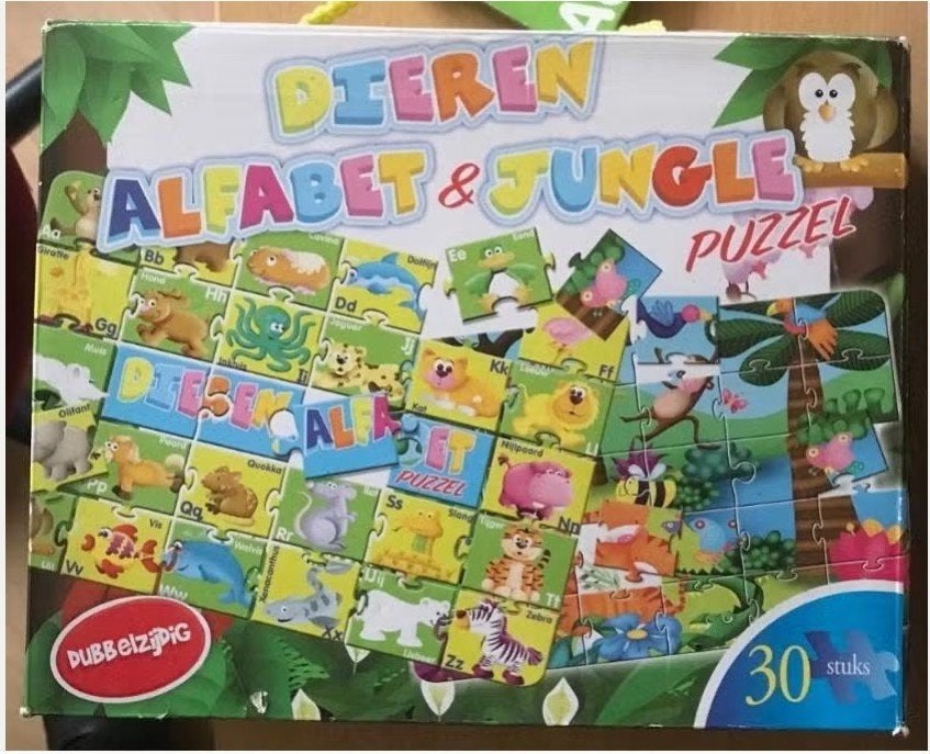 Dieren alfabet & jungle puzzel ( dubbelzijdig ), Ophalen of Verzenden, Gebruikt, Taal en Lezen