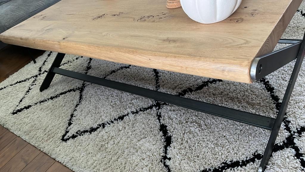 Mooie robuuste eiken salontafel, Ophalen, 100 tot 150 cm, 50 tot 100 cm, Zo goed als nieuw
