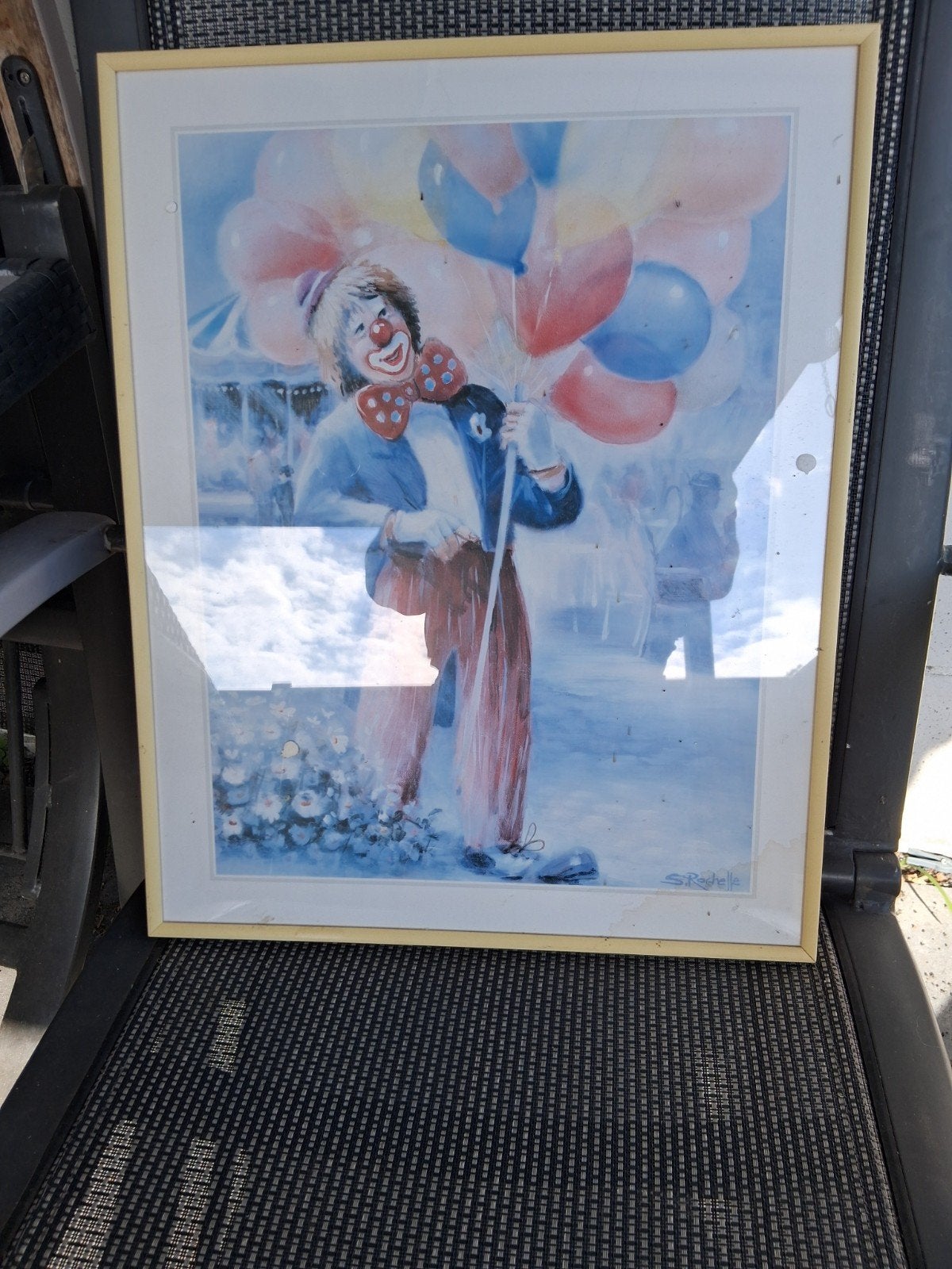 Schilderij Clown met Ballonnen - Gesigneerd S. Rochelle, Ingelijst, Doek, Portret of Personen, Realistisch