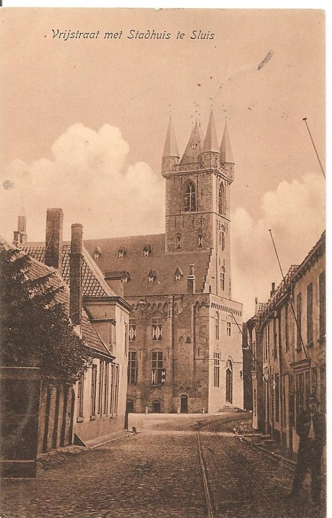 Sluis, Vrijstraat met stadhuis, Ophalen of Verzenden, Voor 1920, Gelopen, Zeeland