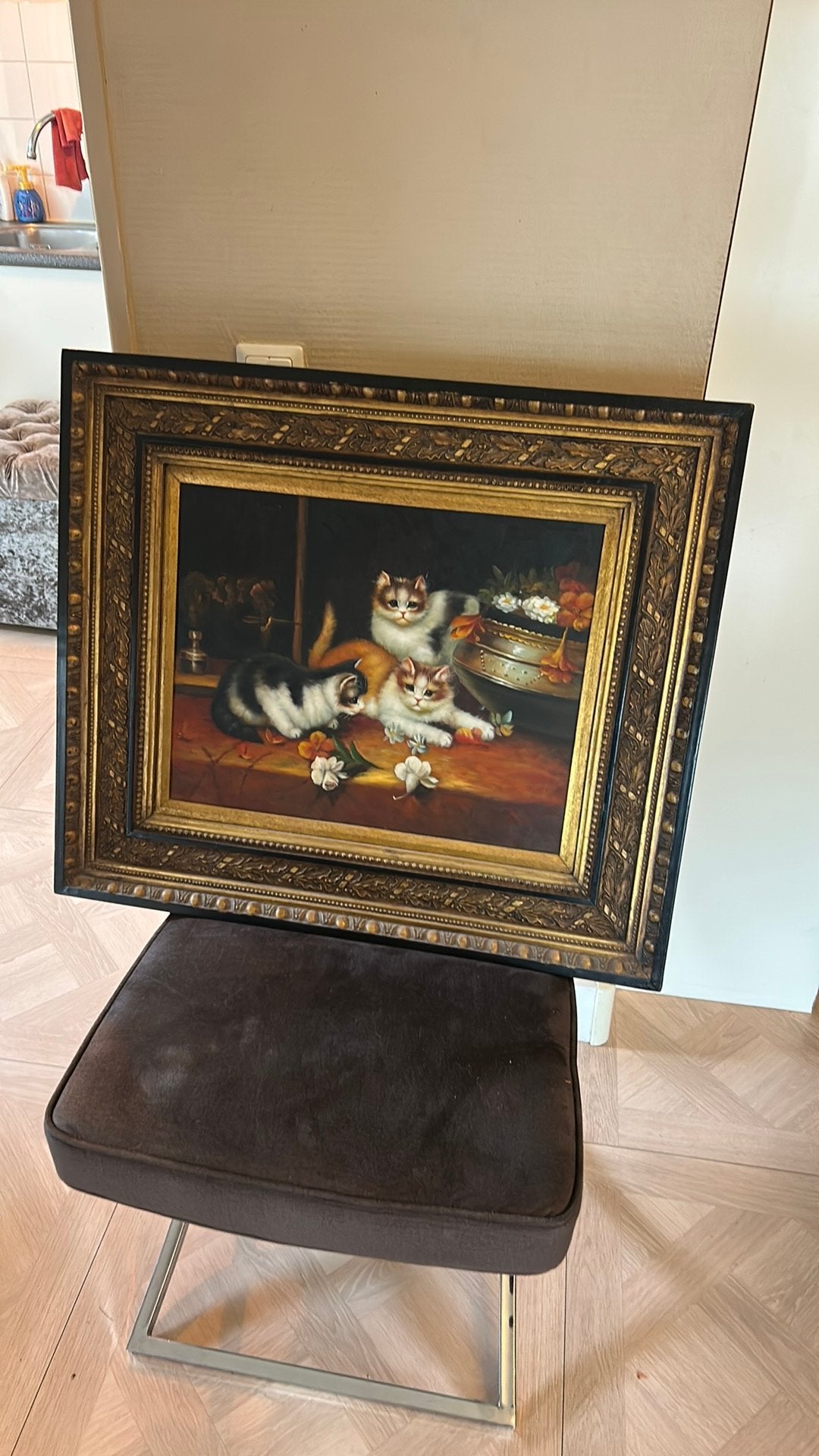 Olieverfschilderij van kittens 75x65 cm antiek, Ophalen