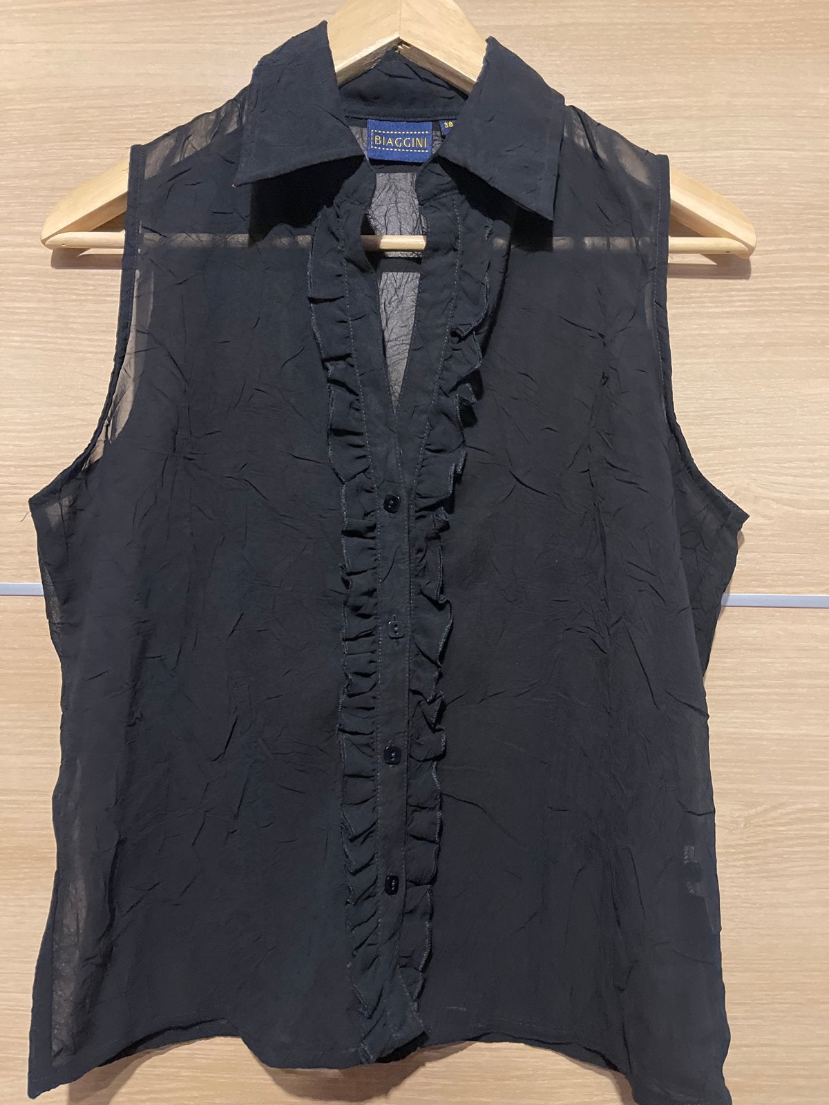 Biaggini Zwarte Mouwloze Blouse met Ruches Maat 38, Maat 38/40 (M), Zwart, Ophalen of Verzenden, Zo goed als nieuw