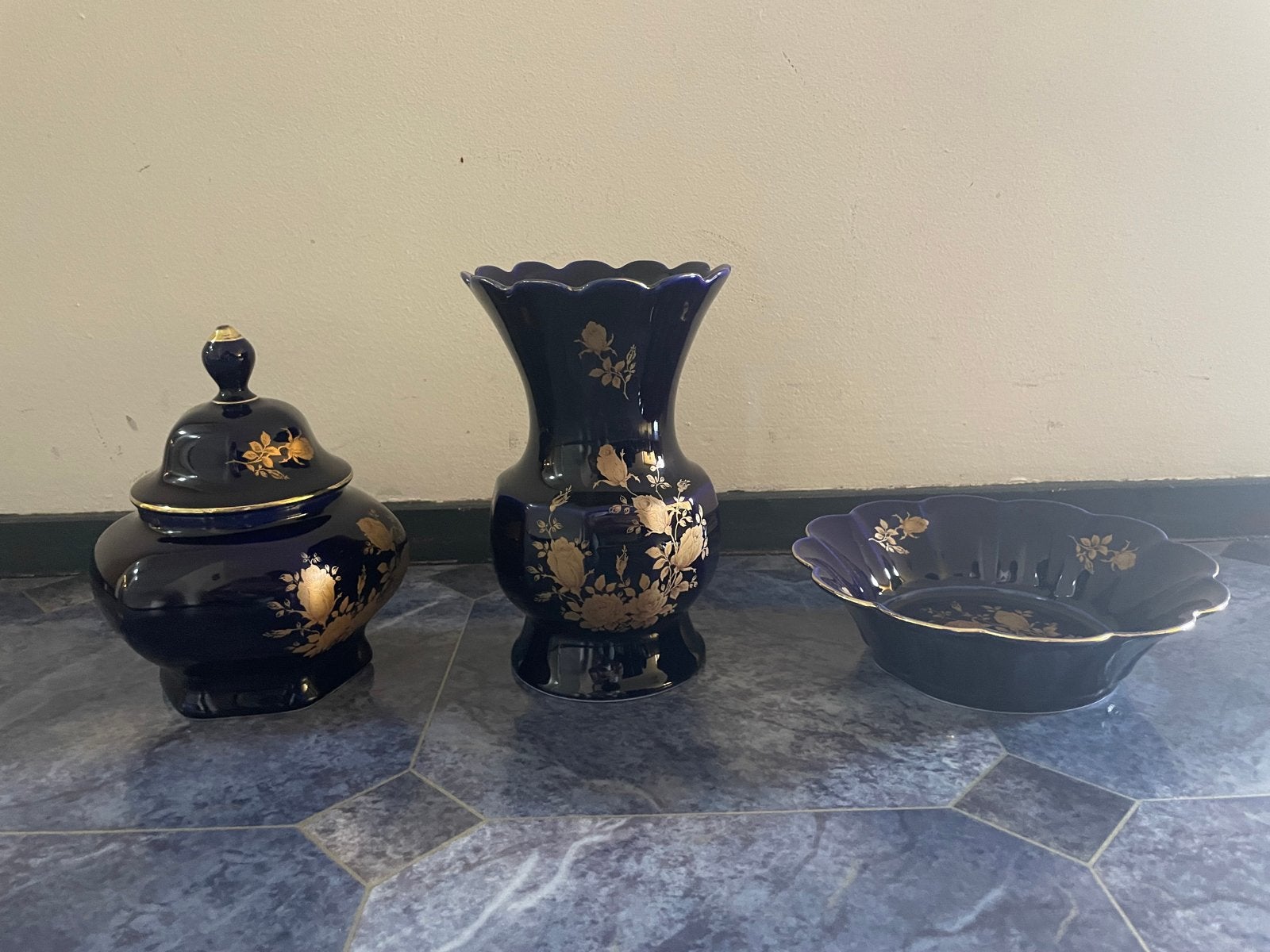 Duitse Echte Kobalt Vazen Set 22K Goud - Bareuther Bavaria, Ophalen