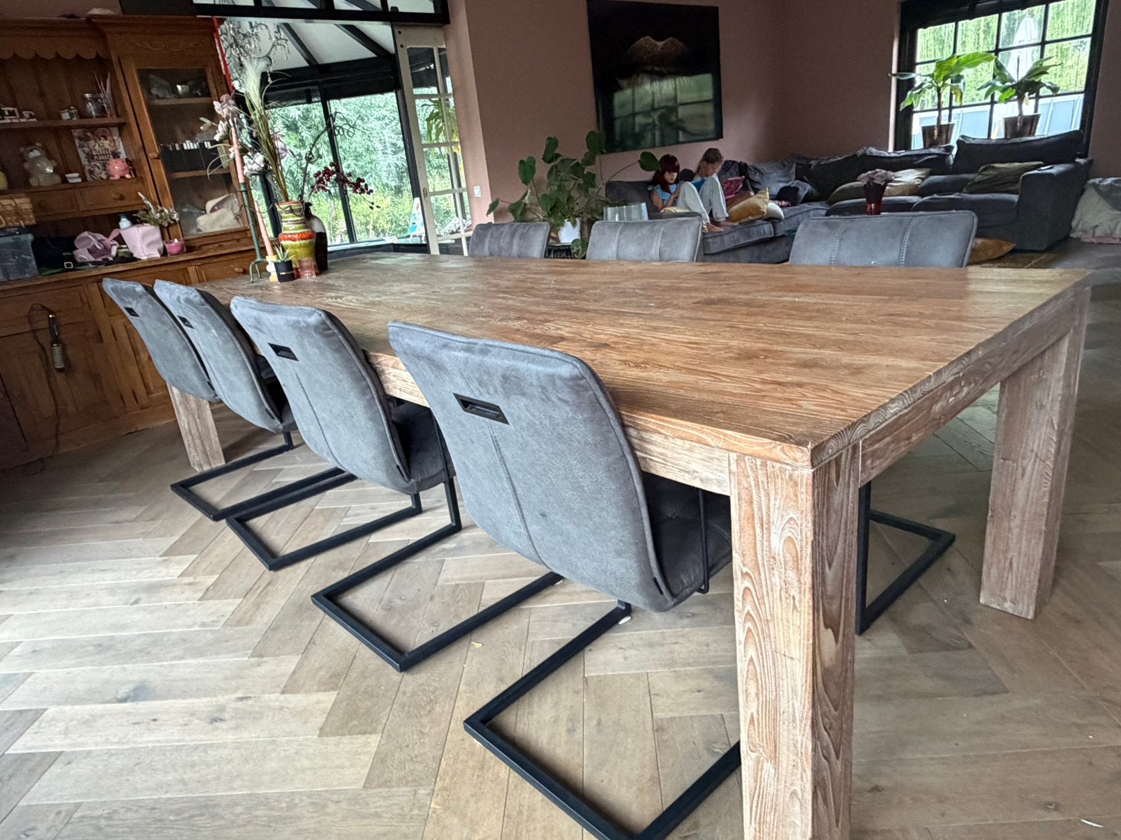 Houten eettafel met 8 stoelen, Ophalen, Gebruikt, 200 cm of meer, 50 tot 100 cm