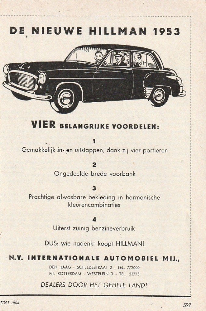 Retro reclame 1953 Hillman auto internationale automobiel, Verzenden, Overige typen