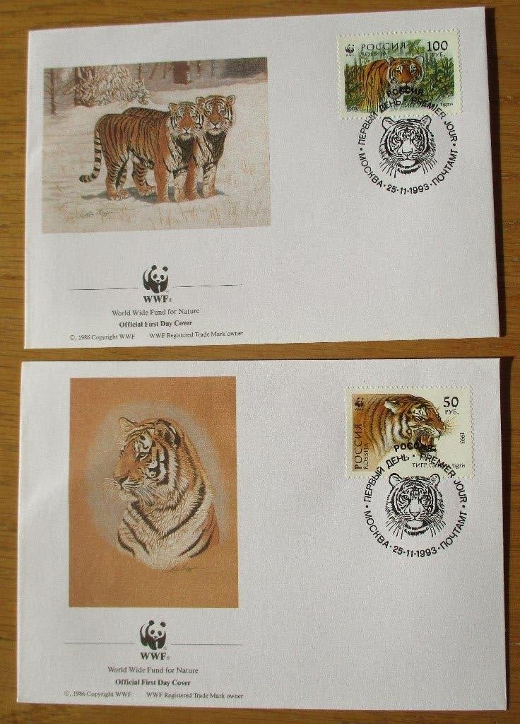 USSR, WWF serie FDC's Siberische tijger, 1993, Verzenden, Gestempeld, Dier of Natuur
