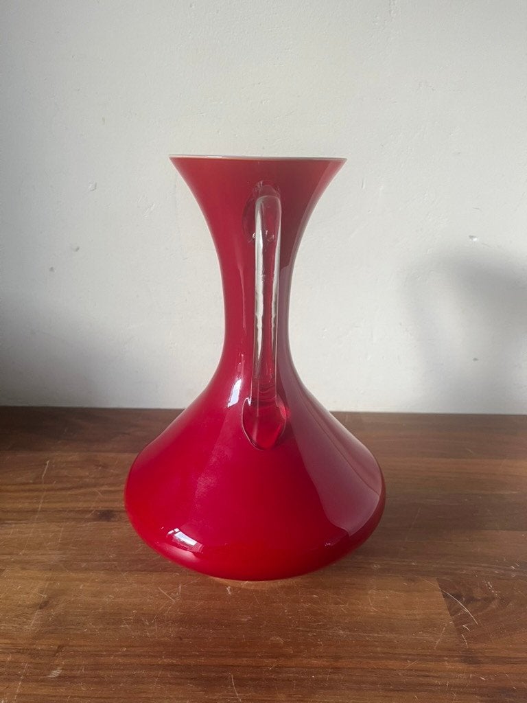 vintage glazen vaas - dieprood met heldere sieroren, Ophalen of Verzenden