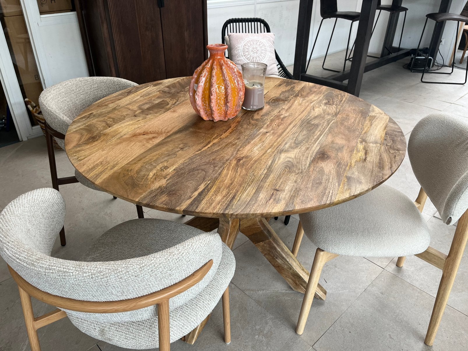 Magazijn leegverkoop ronde eettafel mangohout massief matrix, Hout, Nieuw, Ophalen of Verzenden, Info@wkhome.nl