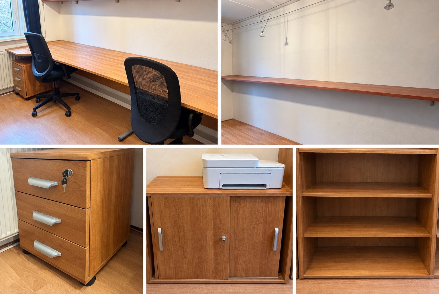 Complete kantoorset: bureau, ladekast, opbergkast, boekenpla, Ophalen, Gebruikt, Bruin, Overige merken