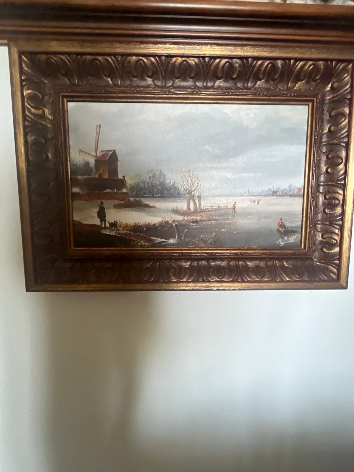 Klassiek Hollands winterlandschap met molen en schaatsers, Ophalen, Doek, Gesigneerd, Landschap