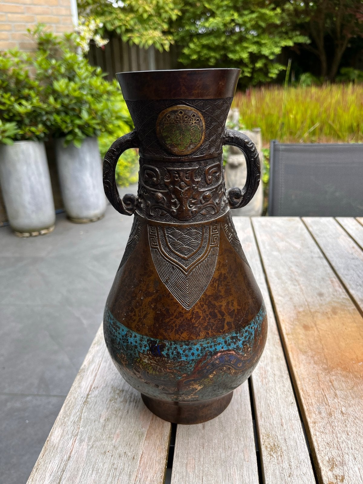 Antieke Bronzen Champlevé/Cloisonné Vaas, Japan/China, Ophalen