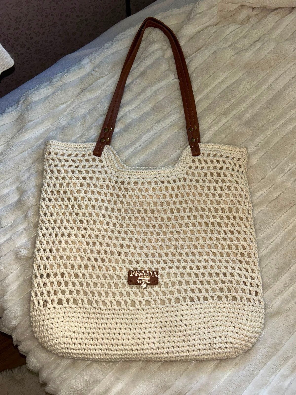 Gehaakte Shopper Tas - Crème met Bruine Hengsels, Ophalen of Verzenden, Nieuw, Beige, Shopper