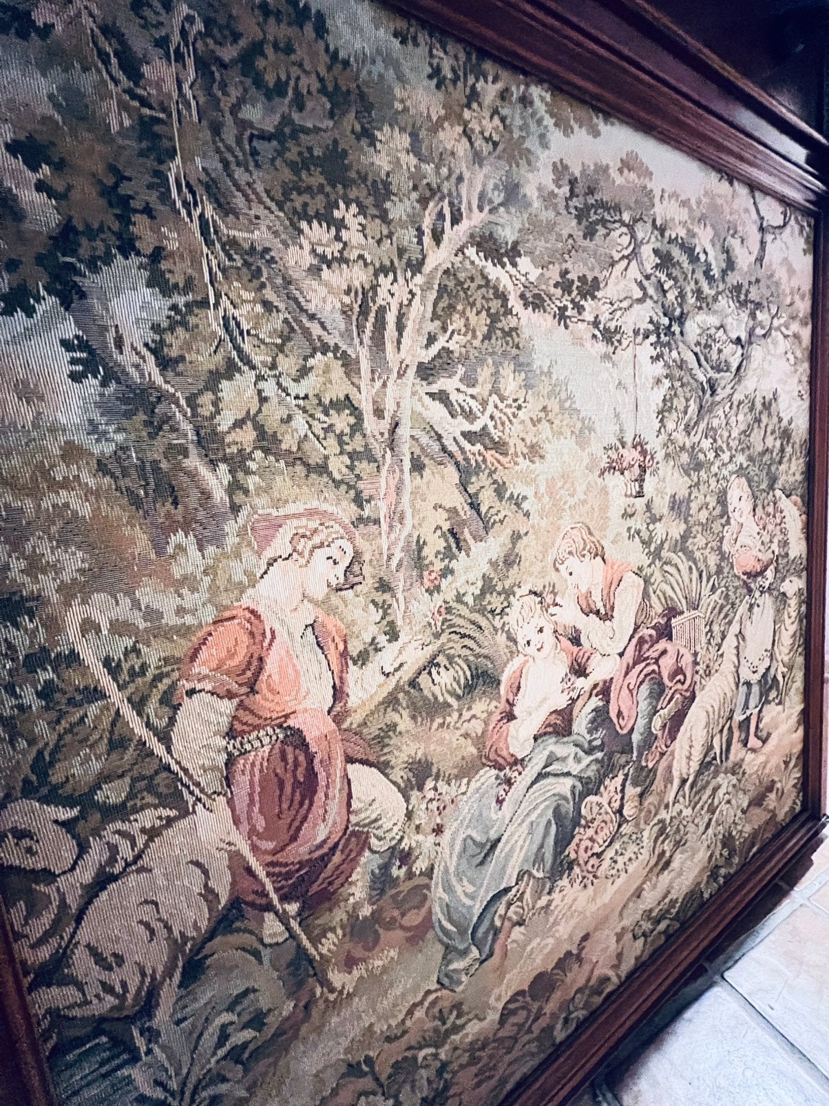 Gobelin wandtapijt in houten lijst Franse stijl vintagegroot, Ophalen