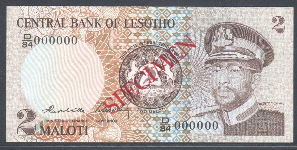 Lesotho 2 Maloti 1984 Specimen Super Zeldzaam, Postzegels en Munten, Verzenden, Overige landen, Los biljet