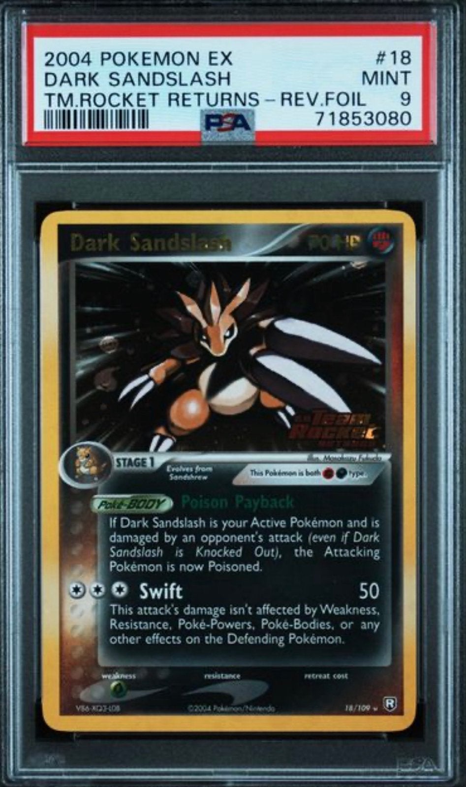 2004 Pokémon EX Dark Sandslash PSA 9 Reverse Foil, Ophalen of Verzenden, Zo goed als nieuw, Losse kaart, Foil