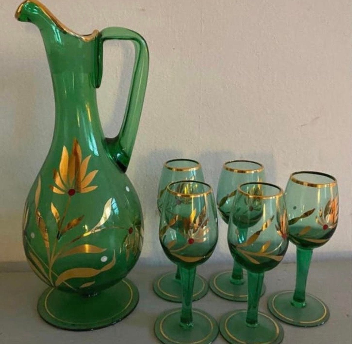 Vintage Groene Glazen Karaf met 5 Borrelglaasjes, Ophalen