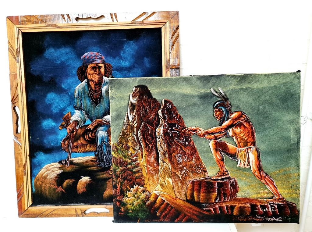 Airbrush velours Indianen schilderijen Sanchez cult zeldzaam, Antiek en Kunst, Ophalen