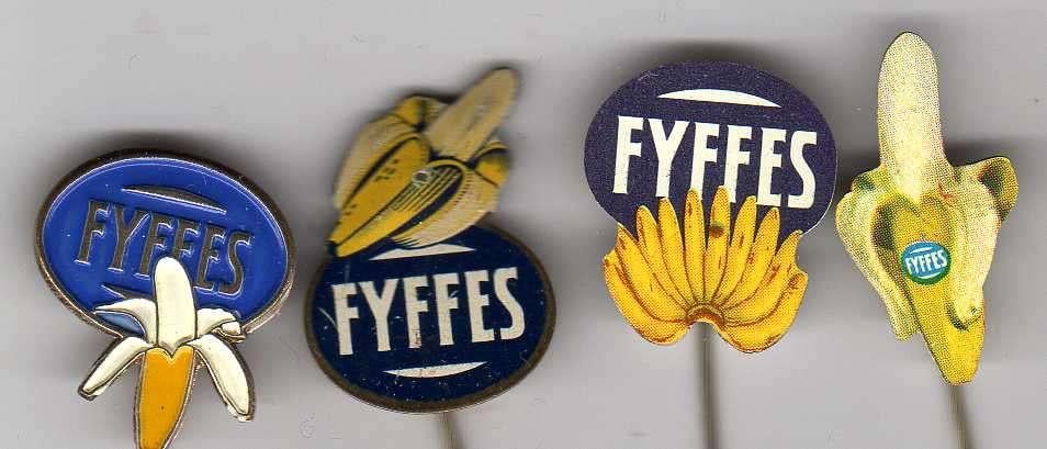 4 verschillende FYFFES BANANEN BANAAN speldjes.(A3), Verzenden, Gebruikt, Overige onderwerpen
