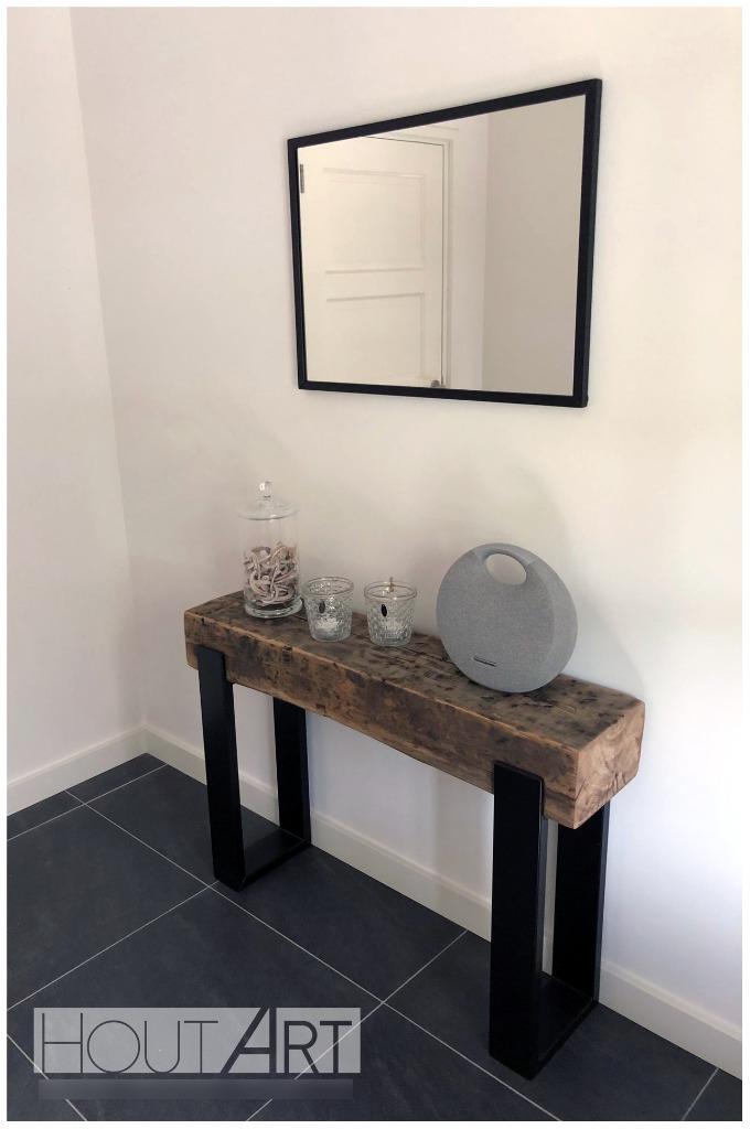Sidetable / bijzettafel oud eiken biels stalen upoot