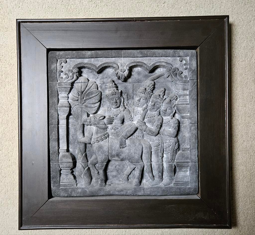 Buddha Borobudur reliëf in houten lijst 56 x 56 cm, Ophalen