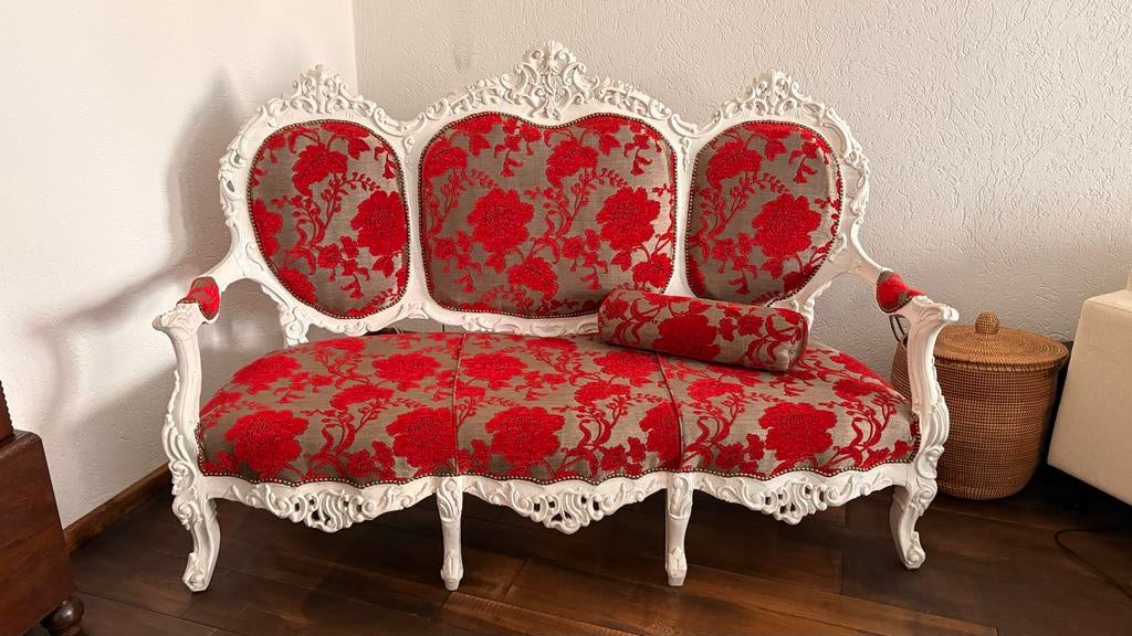 Elegant Barok Bankje met Rode Bloemen, Ophalen, Gebruikt, Minder dan 75 cm, 150 tot 200 cm