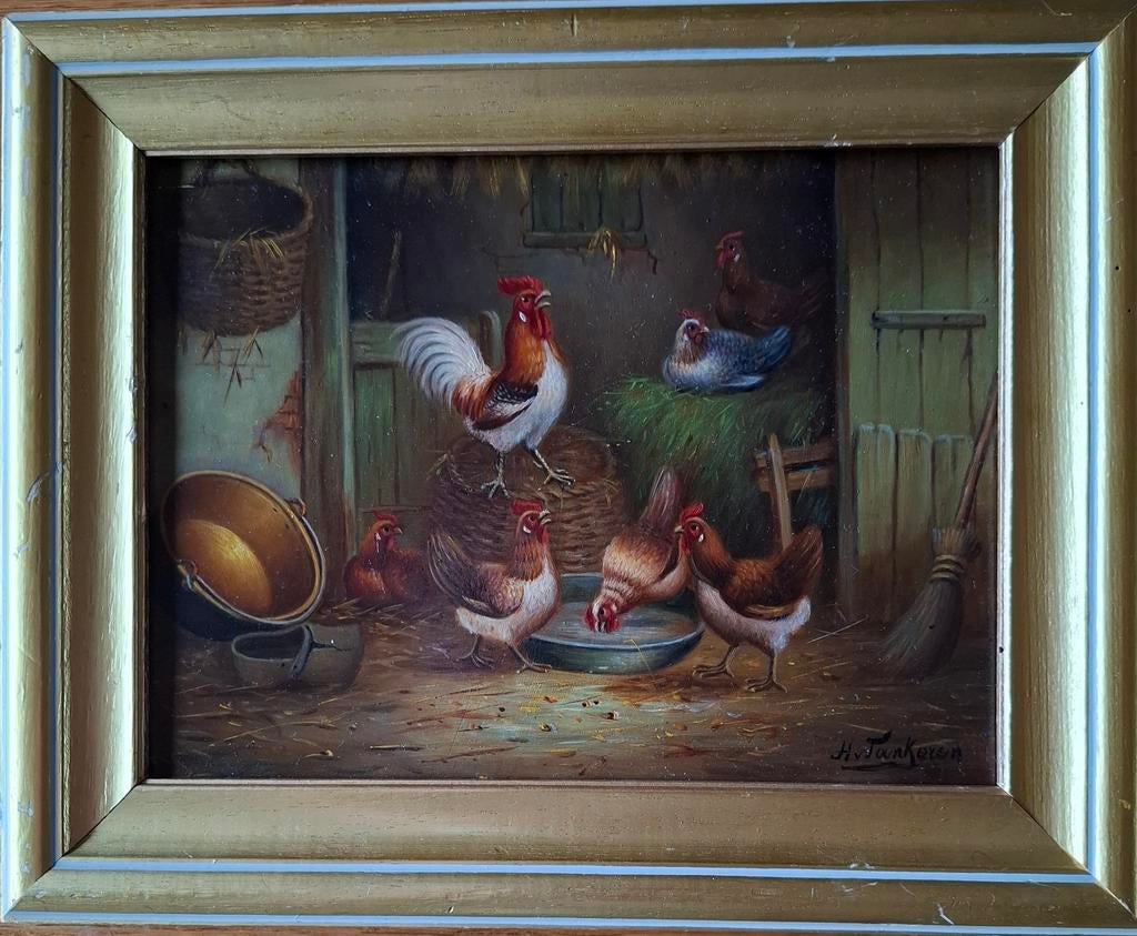 Schilderij kippen in een boerenschuur hermanus van tankeren, Ophalen of Verzenden