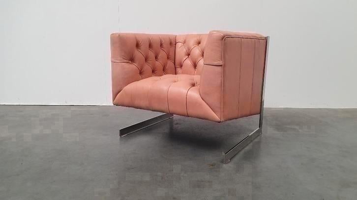 chesterfield vintage design fauteuil camel beige leer kubus, Gebruikt, 75 tot 100 cm, Ophalen of Verzenden, Onbekend.