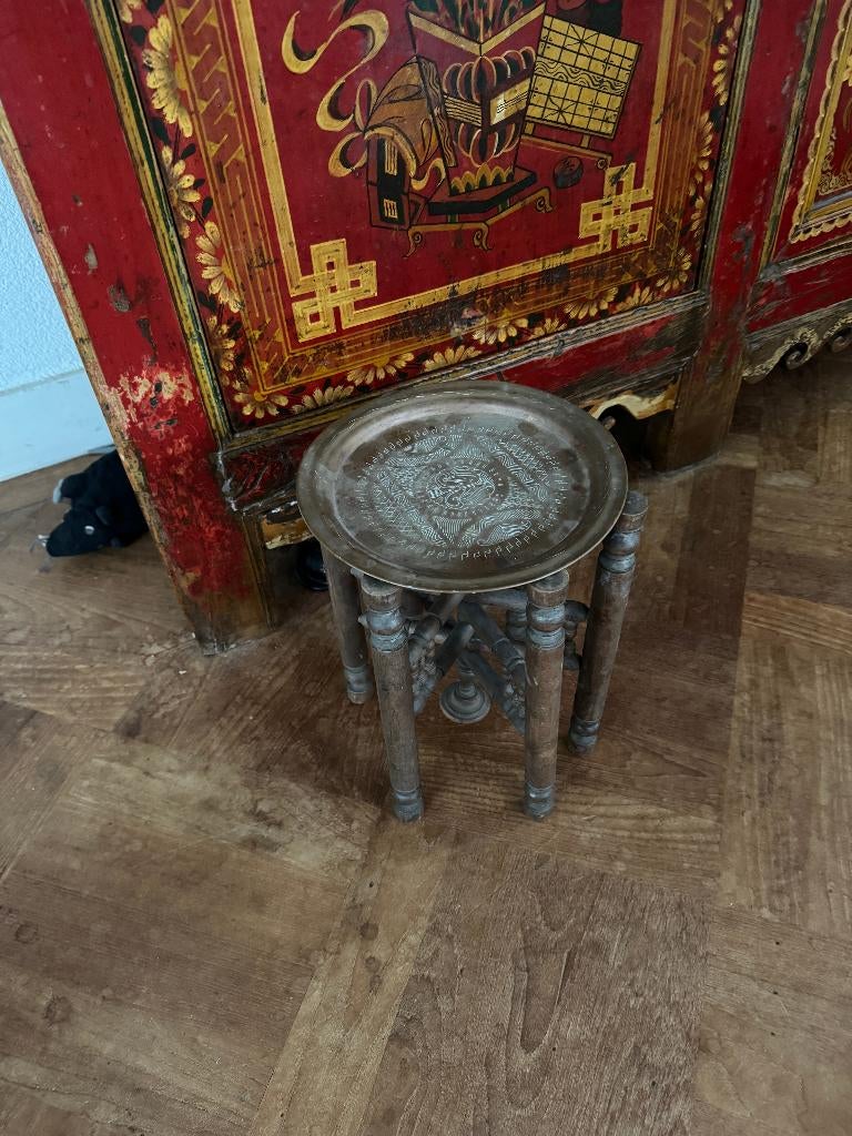Antiek Oriëntaals Tafeltje Brons Hout, Ophalen of Verzenden