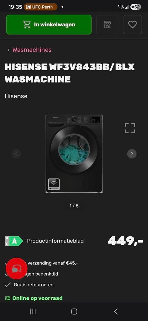 Hisense WF3V843BB/BLX Wasmachine, Witgoed en Apparatuur, Wasmachines, Zo goed als nieuw, Voorlader, 8 tot 10 kg, 85 tot 90 cm