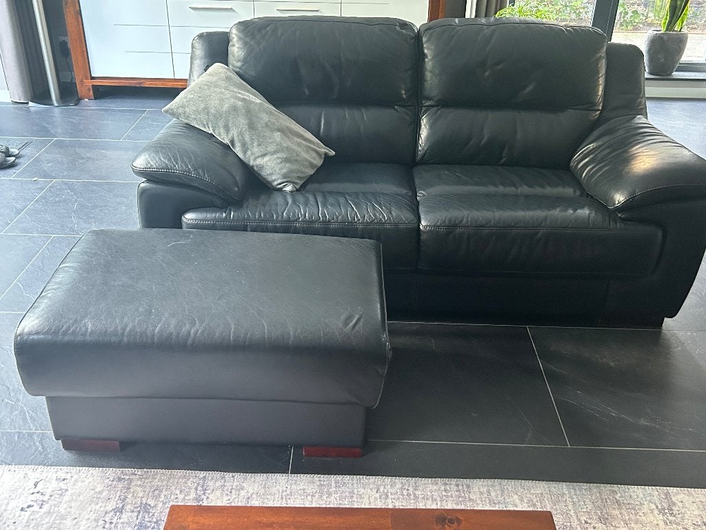Leren banken met hocker donkerblauw, Huis en Inrichting, Ophalen, Gebruikt, Tijdloos, klassiek, 150 tot 200 cm