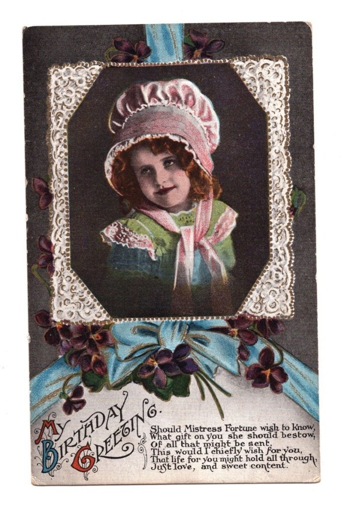 Antieke Ansichtkaart Meisje Bonnet Birthday Greeting, Ophalen of Verzenden, Voor 1920, Ongelopen, Kinderen
