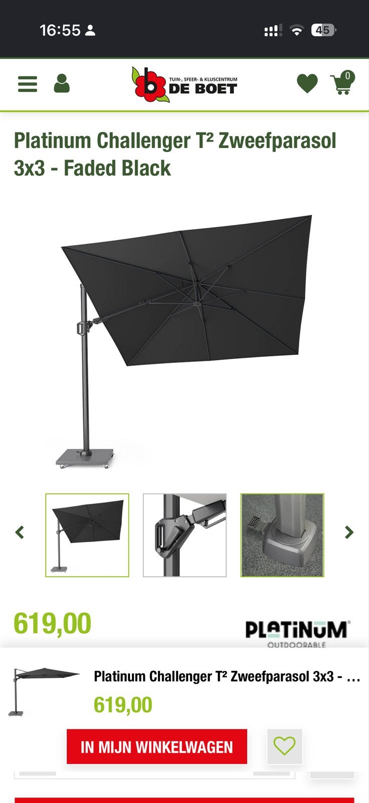 Dure Zweefparasol 3x3 - Gebruikt, zonder voet, Tuin en Terras, Ophalen, Gebruikt, Kantelbaar, Zweefparasol