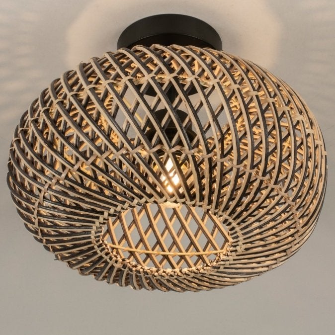 plafondlamp 30cm zwart bamboe riet salon tafel bed hal lamp, Ophalen of Verzenden, Nieuw, Metaal, Minder dan 50 cm