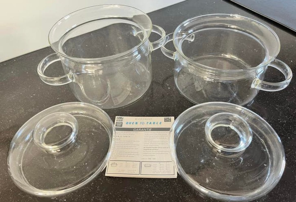 Glazen oven/magnetronschalen met deksels - 2 stuks, Ophalen, Zo goed als nieuw, Glas