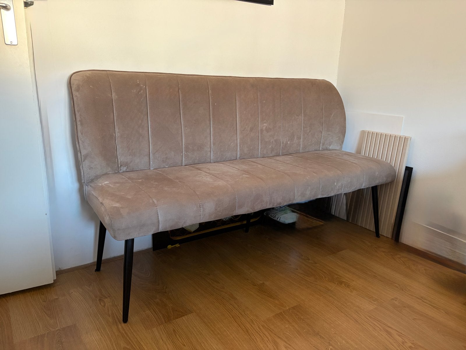 Elegante eetbank in taupe velours, Ophalen, Zo goed als nieuw, Stof