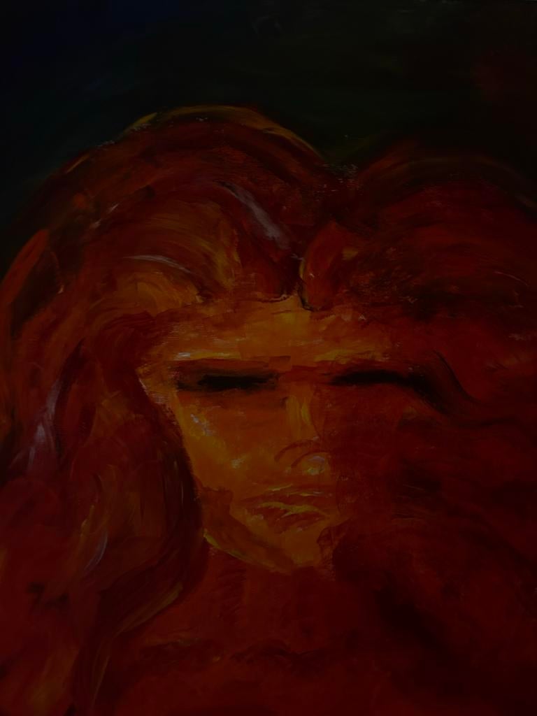 Vurig Portret: Handgemaakt Schilderij van Vrouw met Rood Haa, Antiek en Kunst, Ophalen of Verzenden
