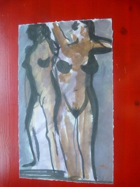 Twee naakte dames - gesigneerd en gedateerd., Antiek en Kunst, Kunst | Etsen en Gravures, Ophalen of Verzenden, Dagelijks leven