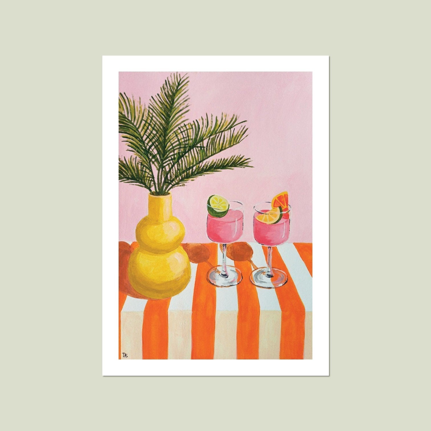Vrolijke kunstprint van roze cocktails met fruit, Ophalen of Verzenden, Nieuw, Minder dan 50 cm, Print