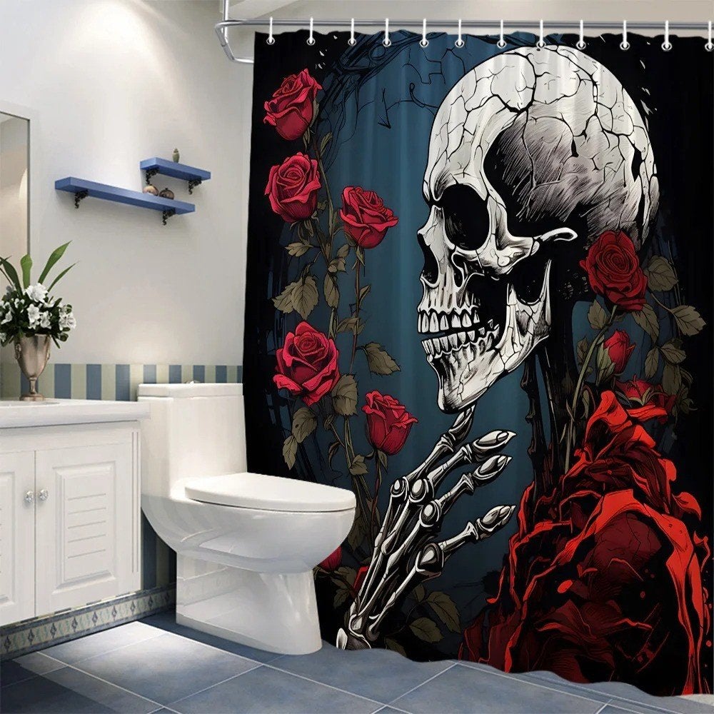 Douchegordijn Gothic skelet gezicht met rozen (180x200cm)