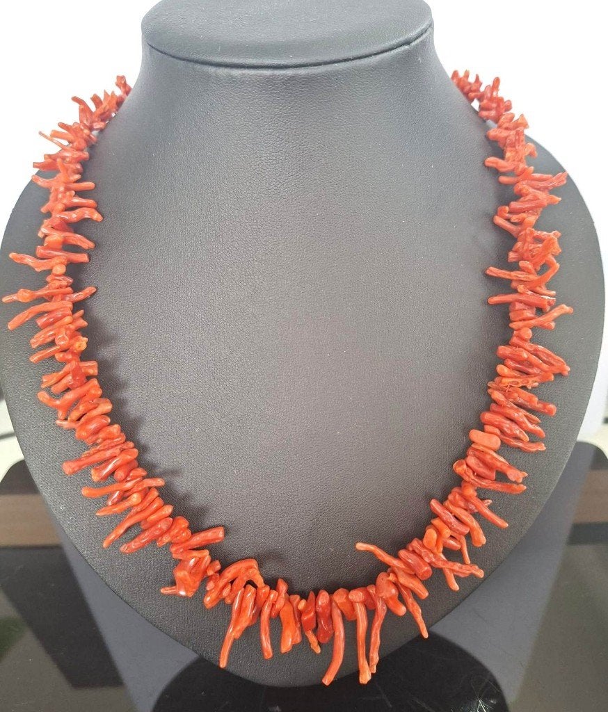 Prachtige Antieke Bloedkoraal Sterling Zilver Ketting 54 CM, Sieraden, Tassen en Uiterlijk, Ophalen of Verzenden, Zilver, Ketting