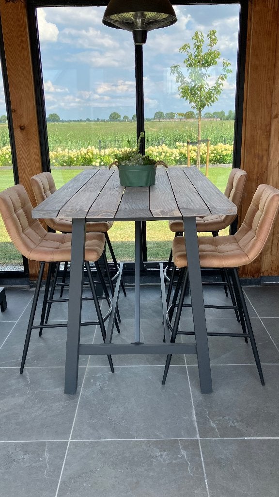Derby bartafel 160x90xH105 cm teak - aluminium poten, Ophalen, Zo goed als nieuw, Rechthoekig, Teakhout
