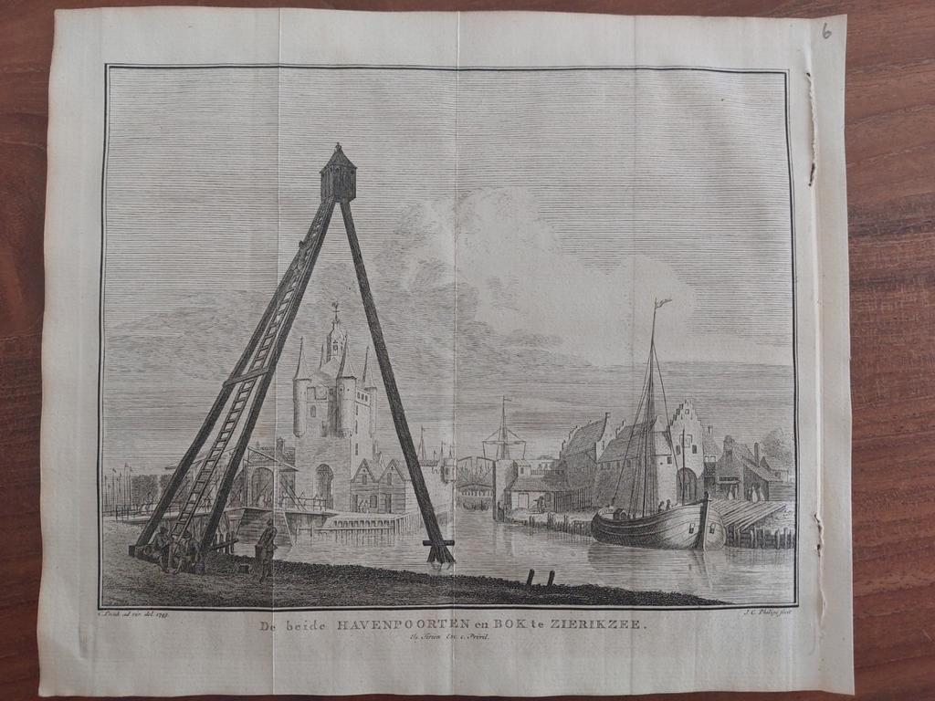 6 Havenpoorten en bok te Zierikzee - Orig. gravure +/- 1750, Ophalen of Verzenden