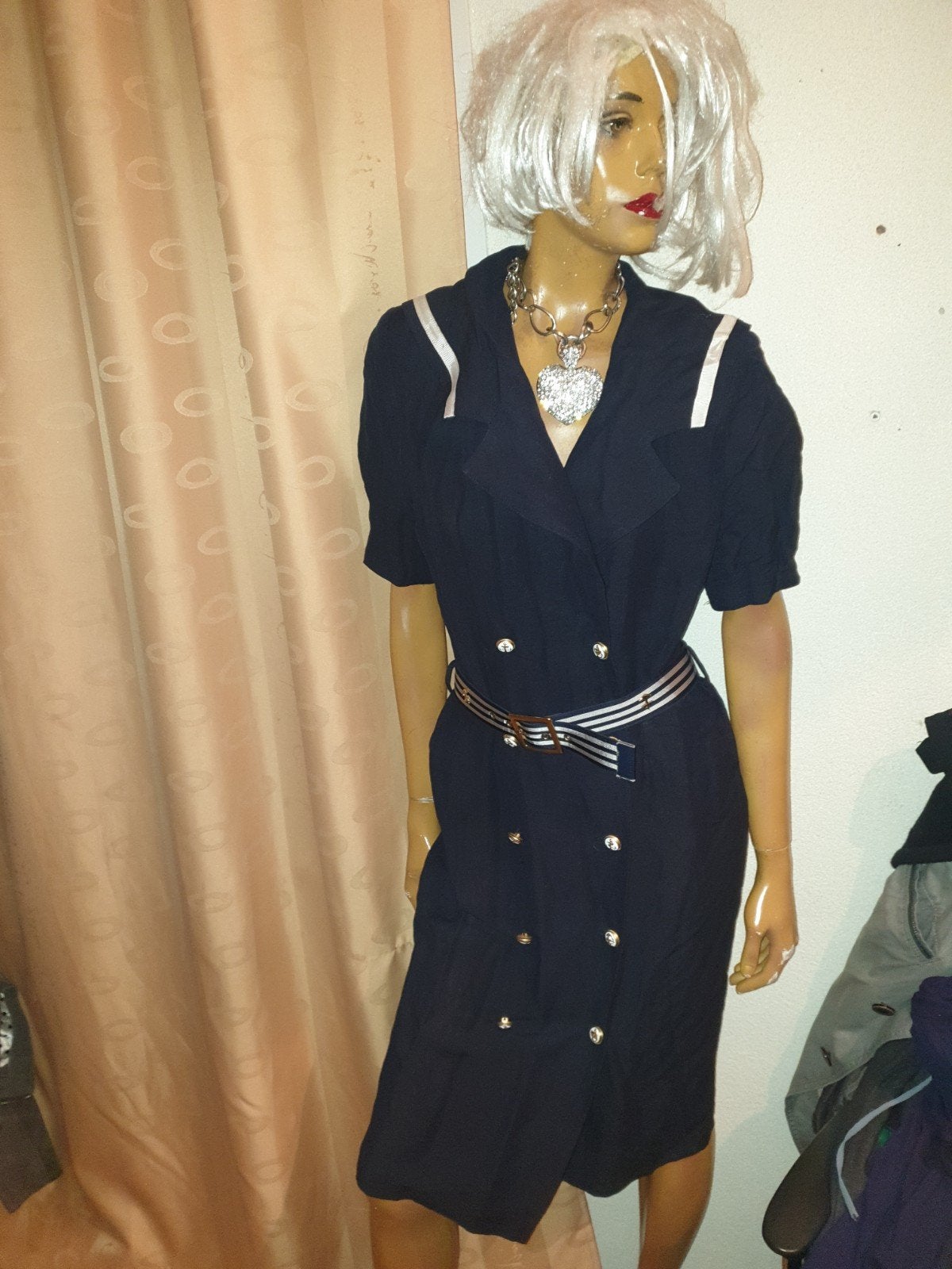 Vintage lin betty Barclay 40 Marine Stijl Jurk Gouden Knopen, Maat 38/40 (M), Blauw, Betty Barclay, Ophalen of Verzenden