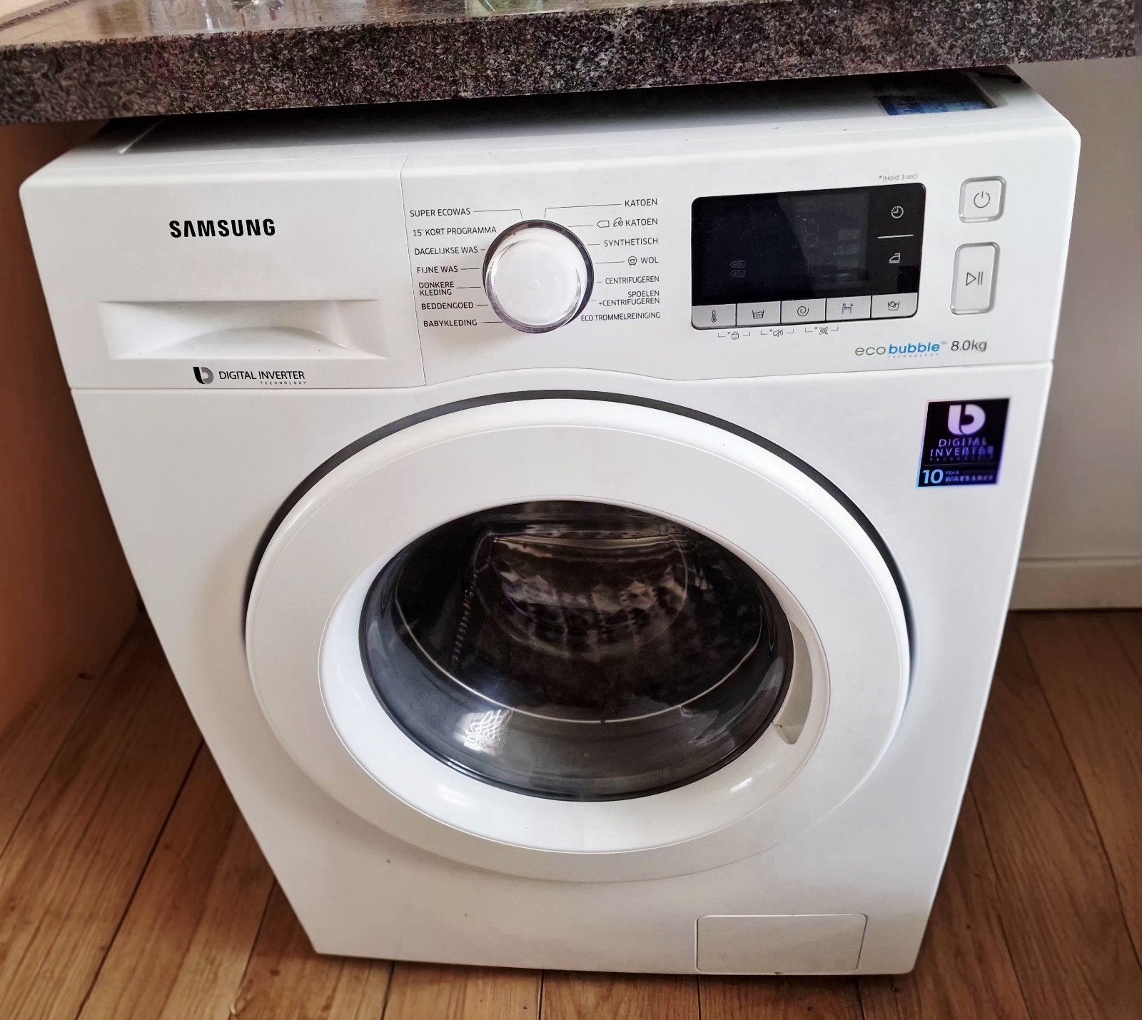 Samsung EcoBubble WW80J5436MW/EN – 8 kg – 1400 tpm, Ophalen, Gebruikt, Voorlader, 85 tot 90 cm
